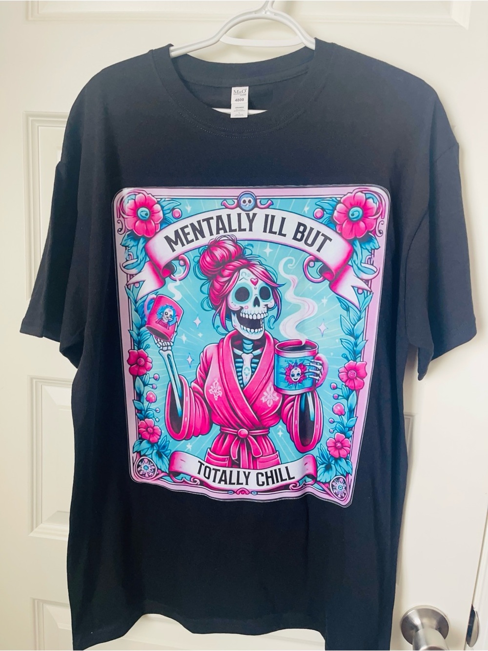 Unisex Black Short-Sleeve Graphic Tee with Pink & Teal Skull Motif